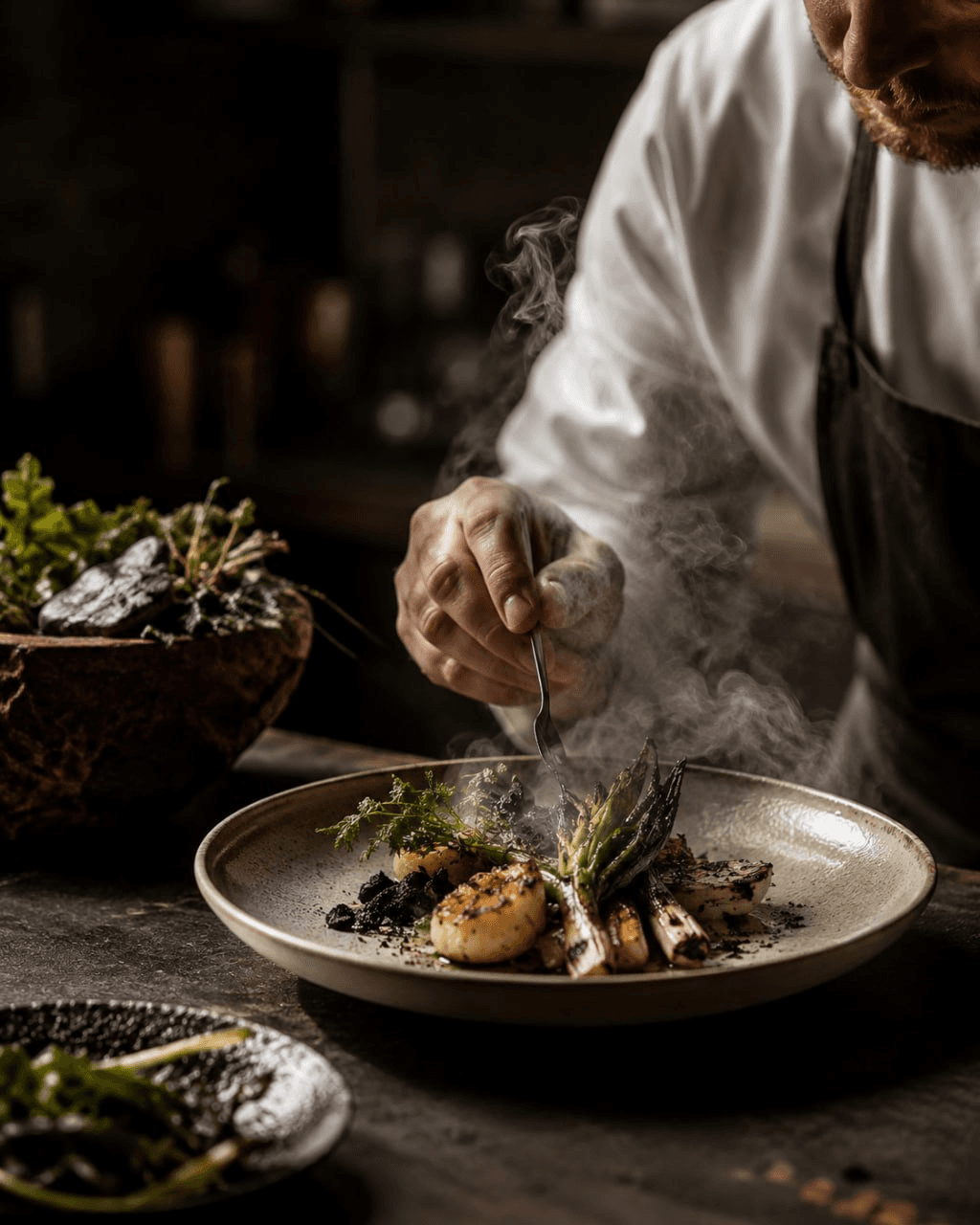 Chef finishing a smoky ASTERIA seasonal dish