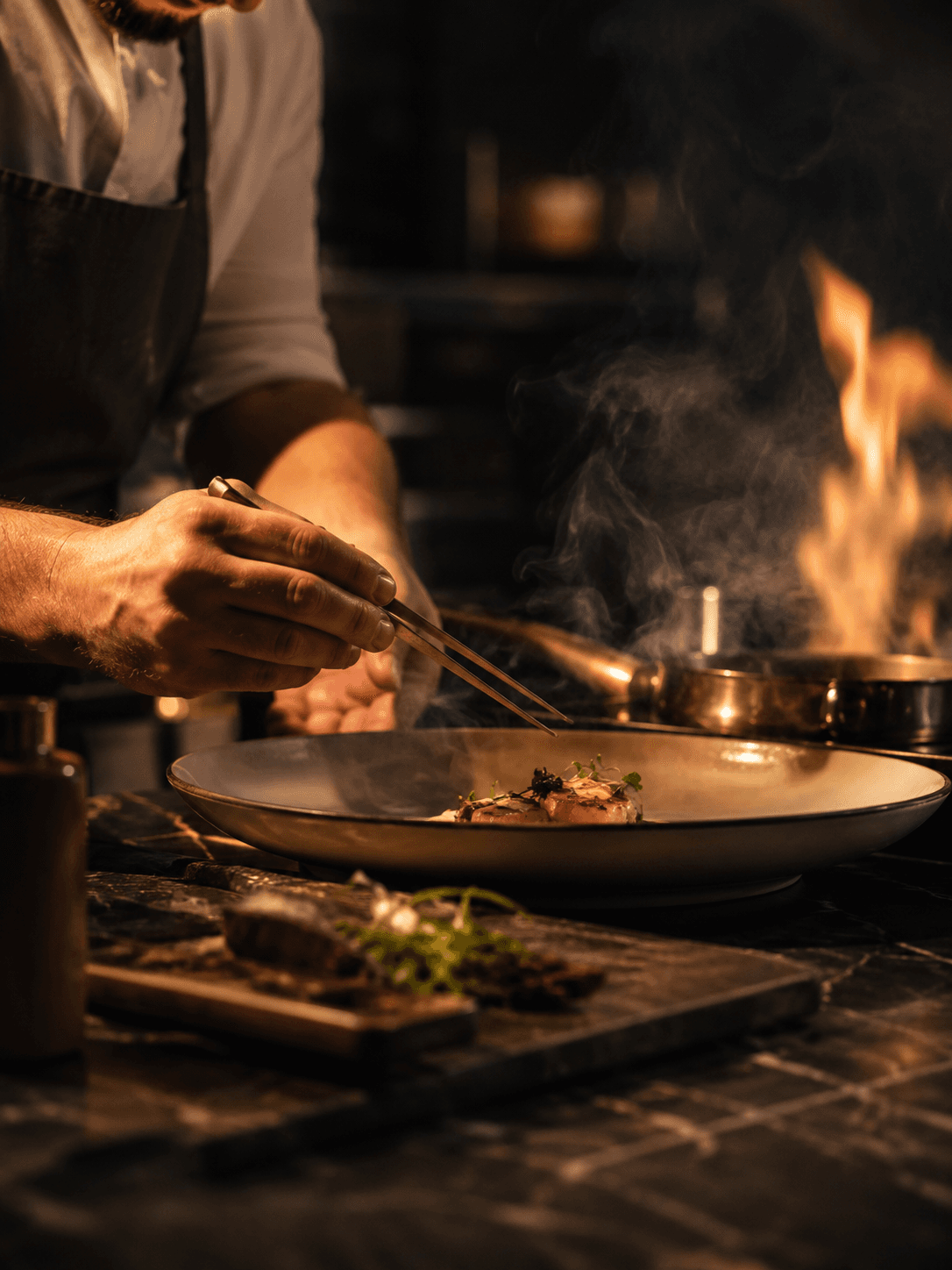 Chef finishing a smoky ASTERIA dish